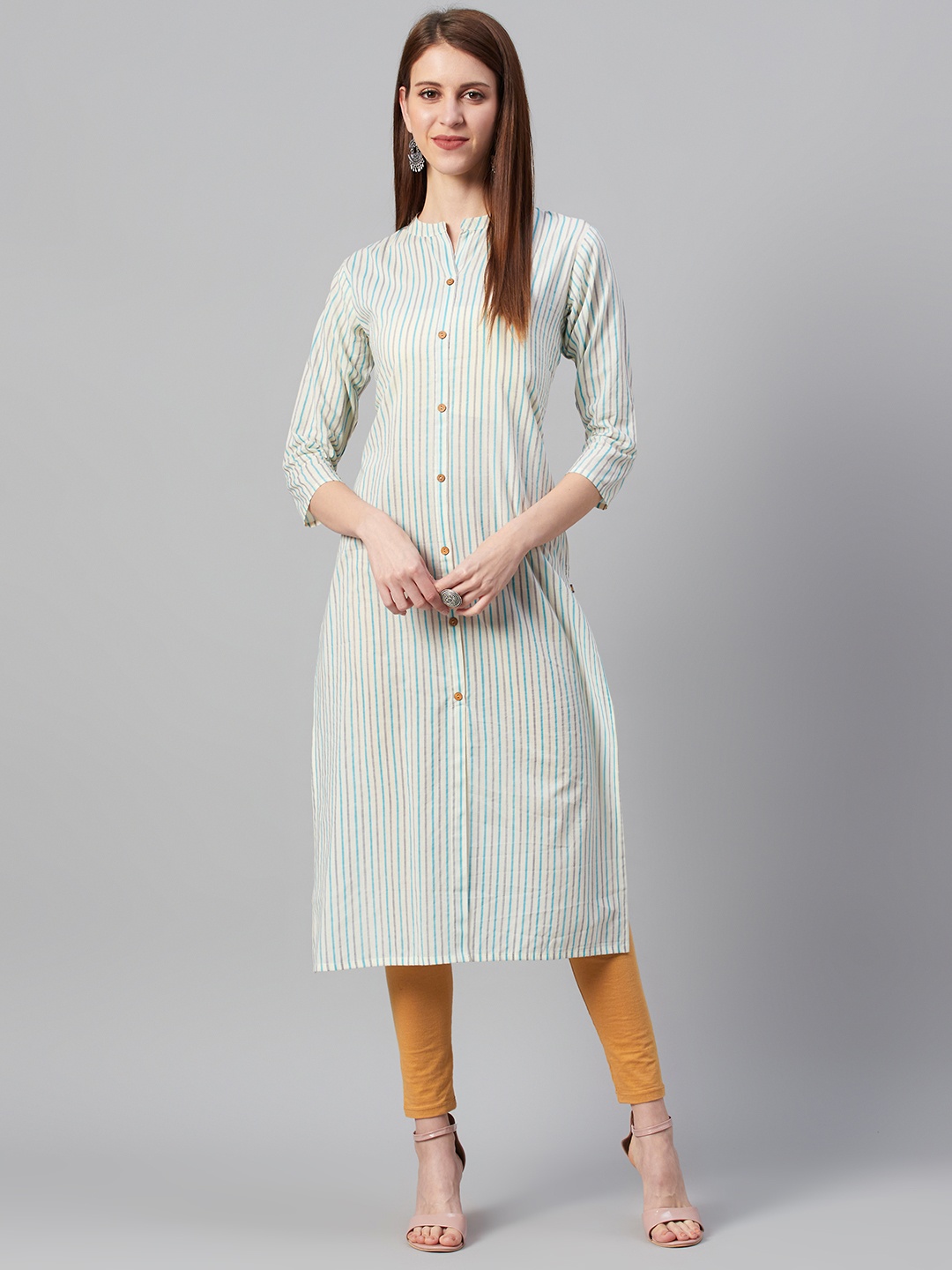 

KSUT Women Off-White & Blue Striped Straight Kurta