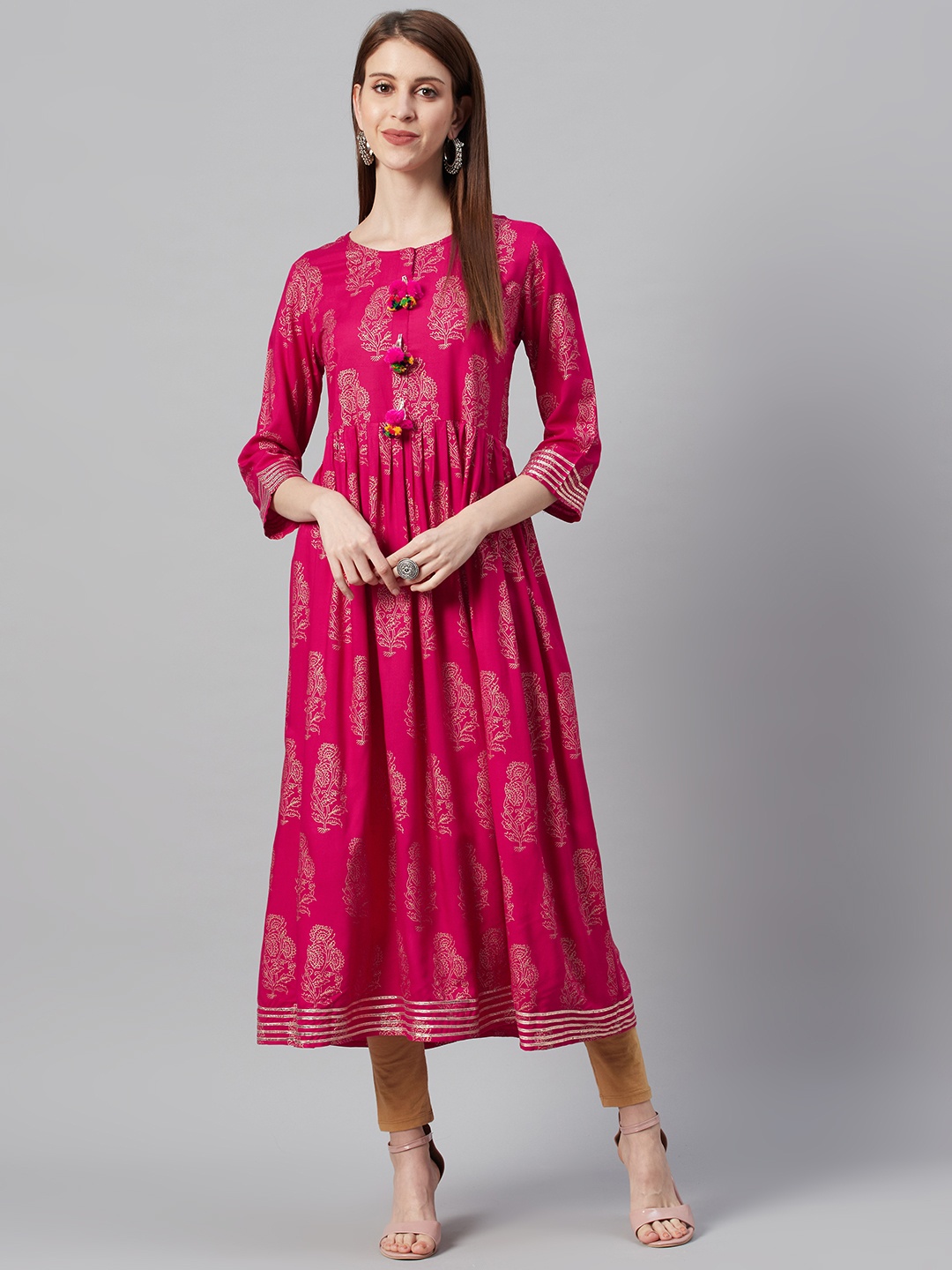 

KSUT Women Fuchsia & Golden Floral Printed A-Line Kurta