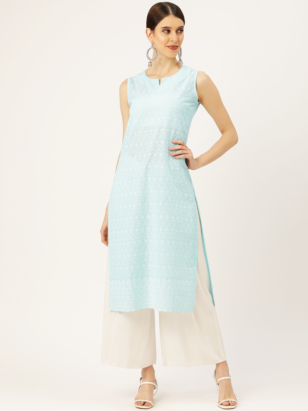 

Prakrti Women Blue & White Chikankari Embroidered Straight Kurta