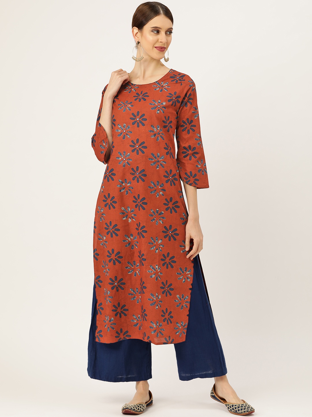 

Prakrti Women Rust Brown & Navy Blue Printed Straight Kurta