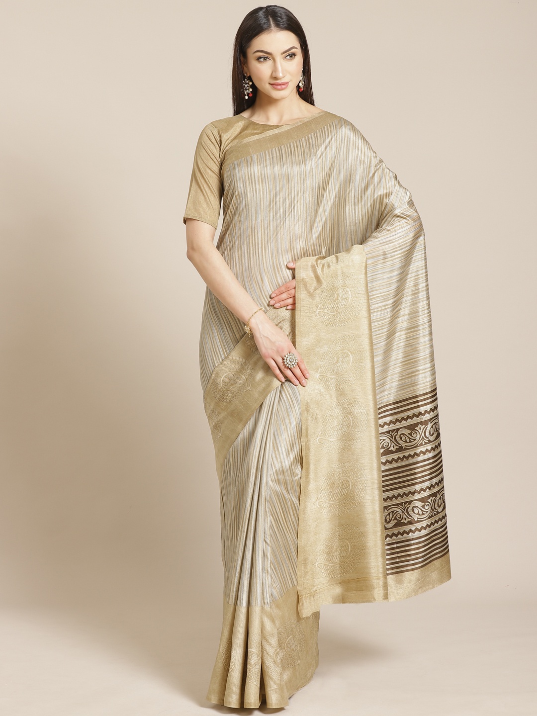 

Saree mall Beige & Brown Striped Bhagalpuri Saree