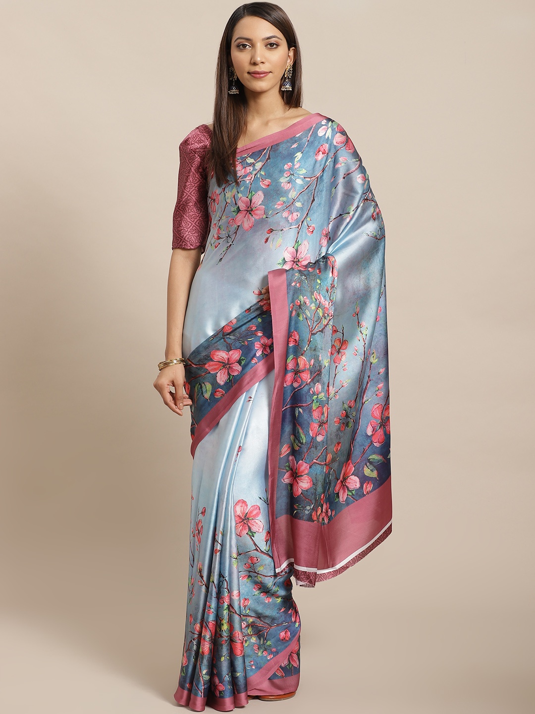 

Saree mall Blue & Pink Satin Floral Print Saree
