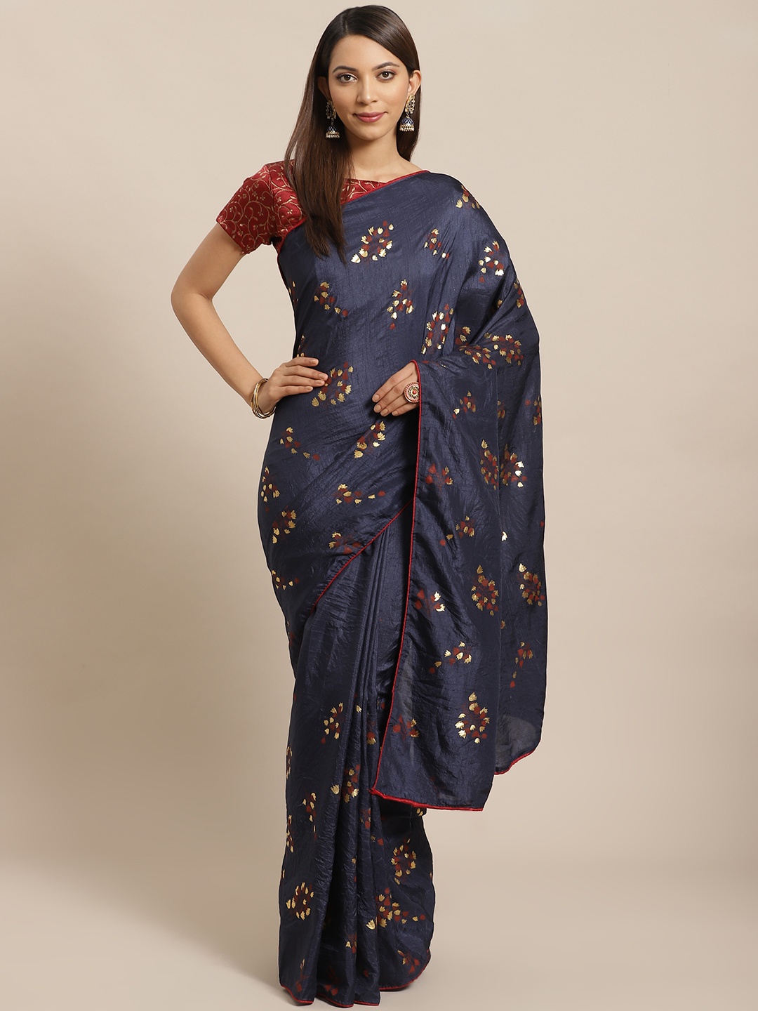 

Saree mall Navy Blue & Golden Floral Print Saree