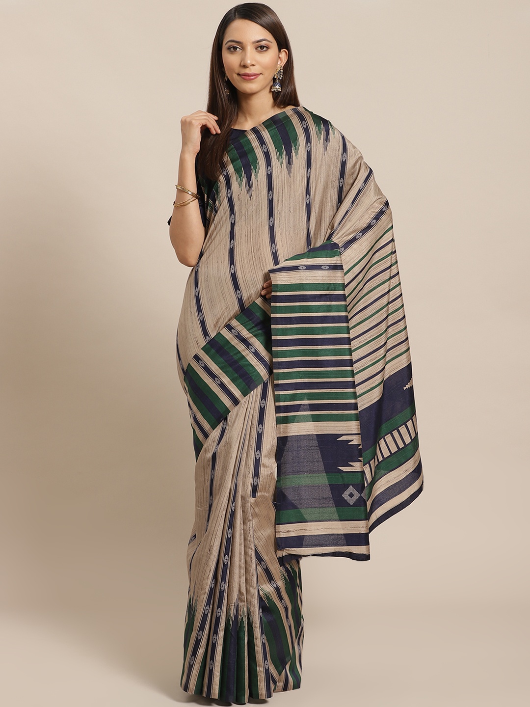 

Saree mall Beige & Navy Blue Striped Bhagalpuri Saree