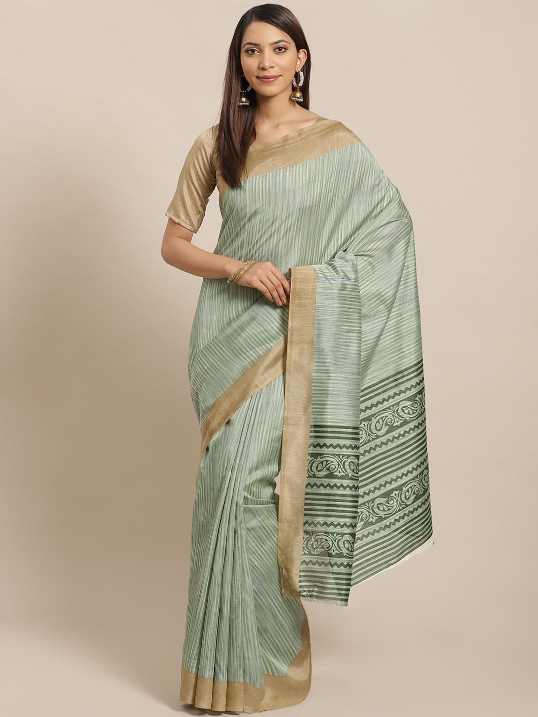 

Saree mall Green Striped Bhagalpuri Saree