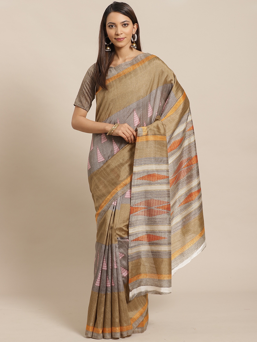 

Saree mall Olive Green & Grey Printed Bhagalpuri Saree
