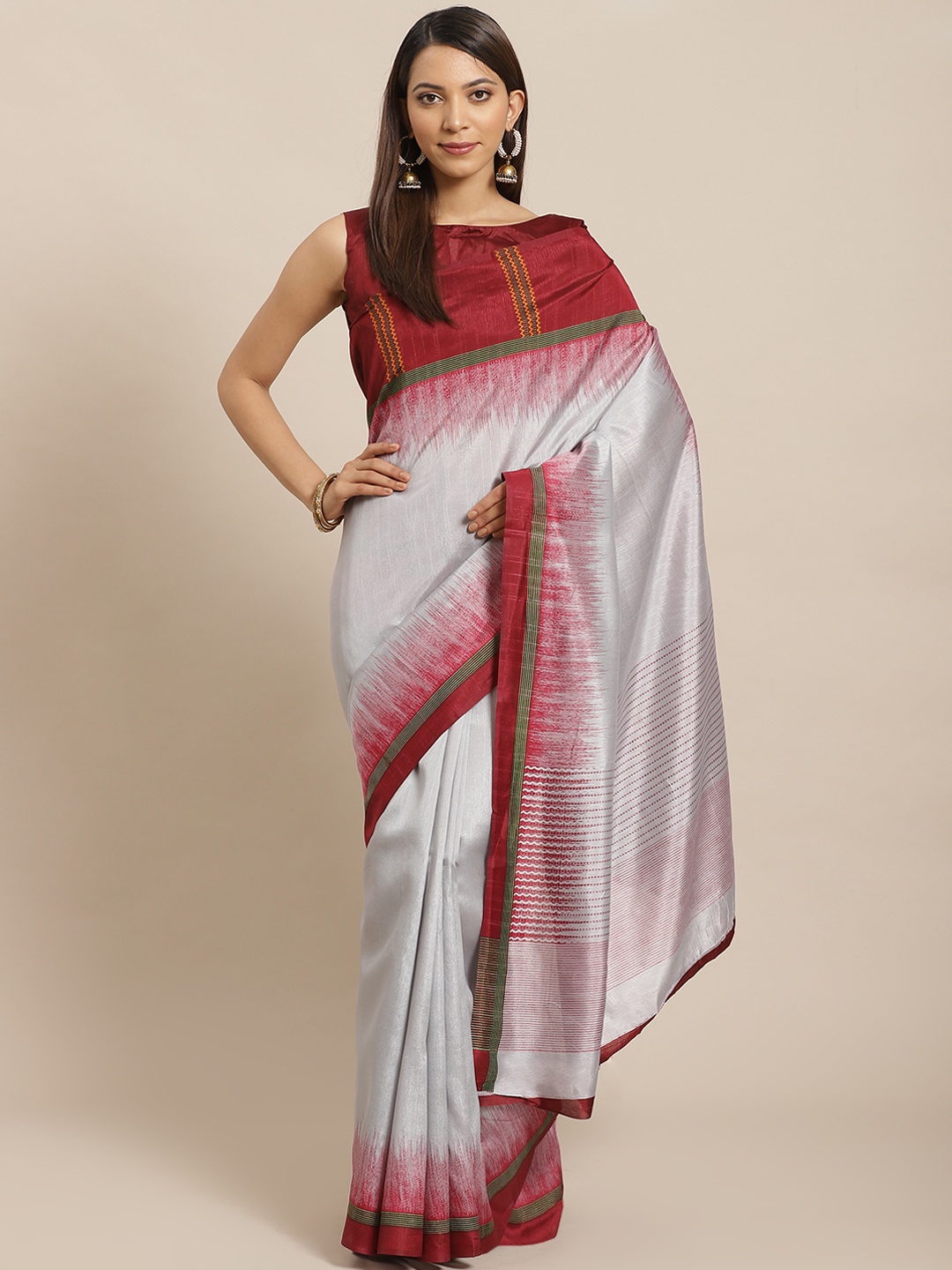 

Saree mall Grey & Maroon Solid Bhagalpuri Saree
