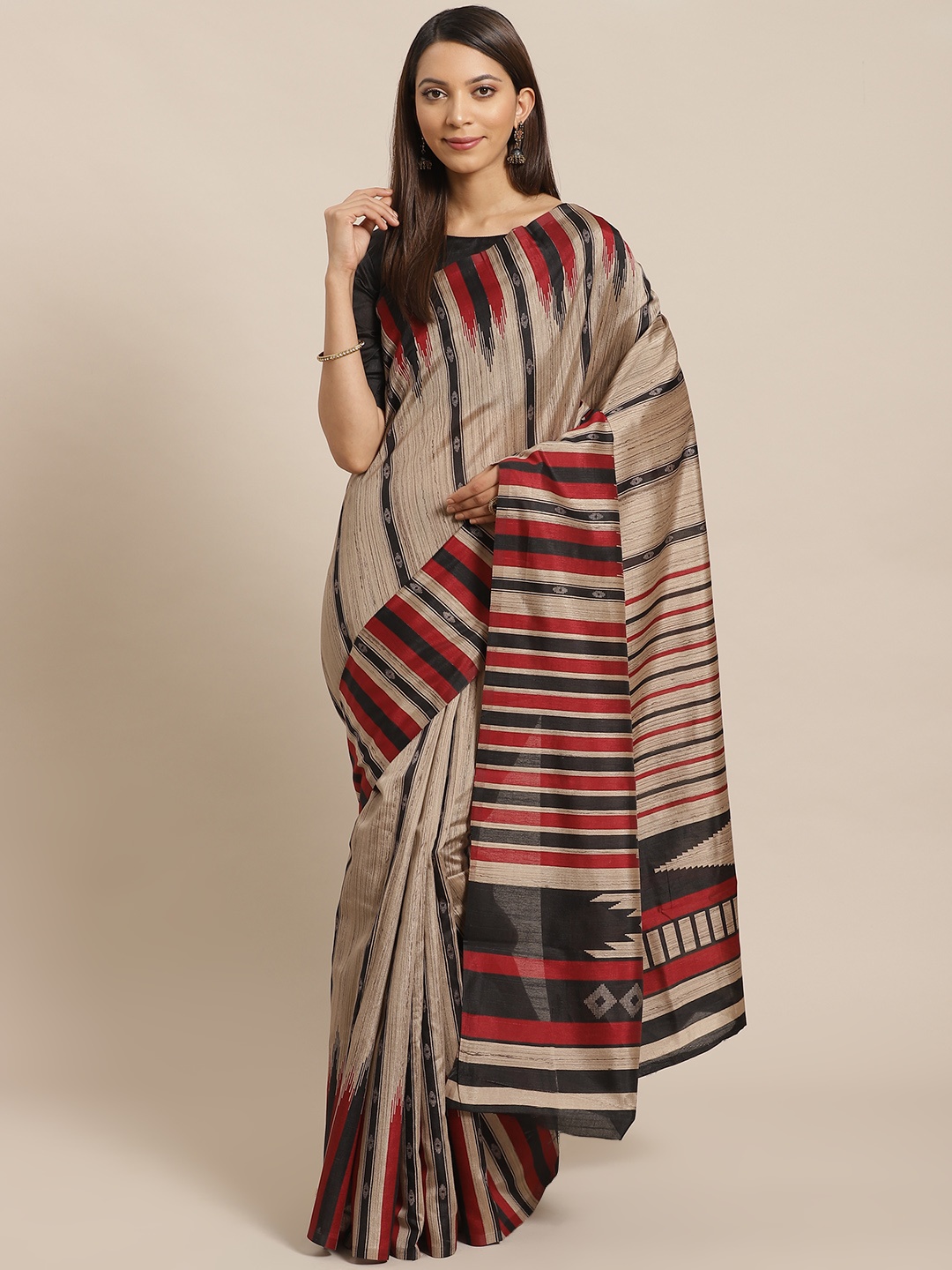 

Saree mall Beige & Black Striped Bhagalpuri Saree