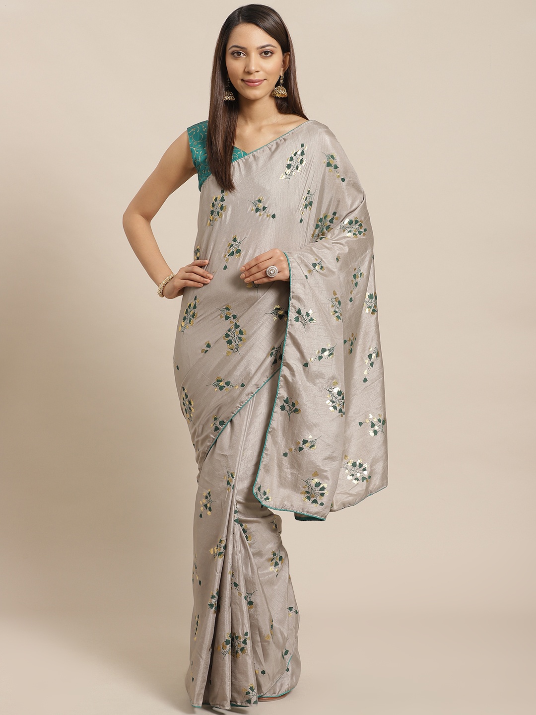 

Saree mall Grey & Green Foil Print Saree