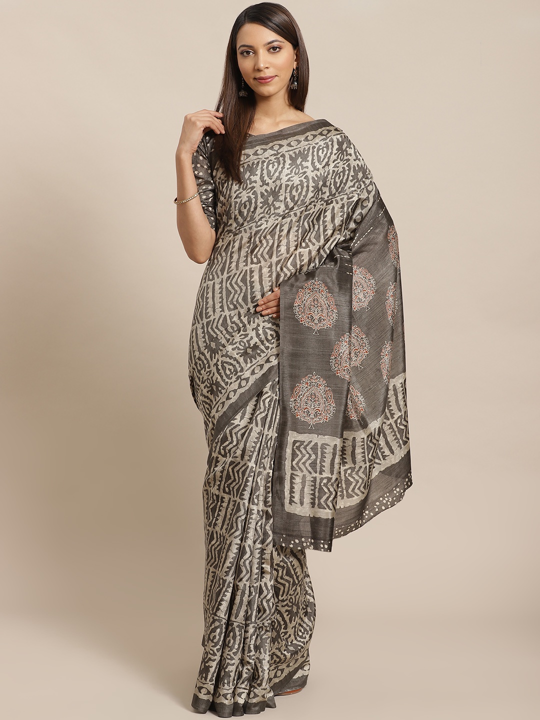 

Saree mall Grey & Beige Printed Bhagalpuri Saree