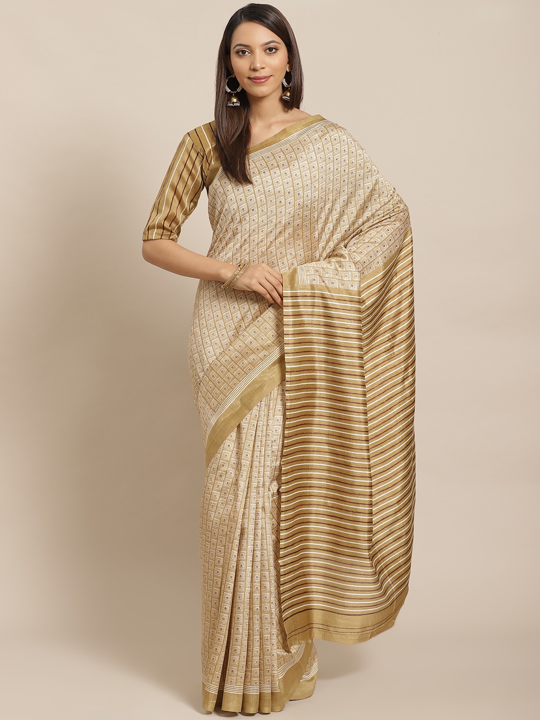 

Saree mall Beige & White Printed Bhagalpuri Saree