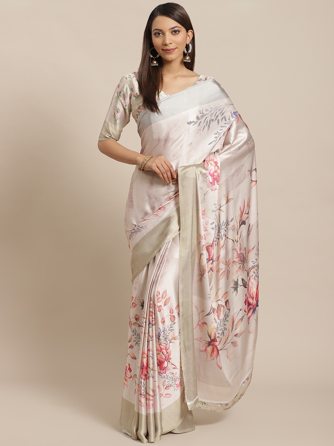 

Saree mall Beige & Peach-Coloured Satin Floral Printed Saree