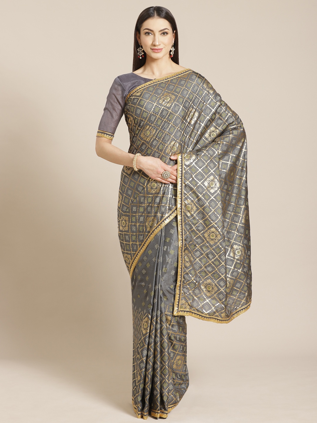 

Saree mall Charcoal Grey & Golden Printed Saree
