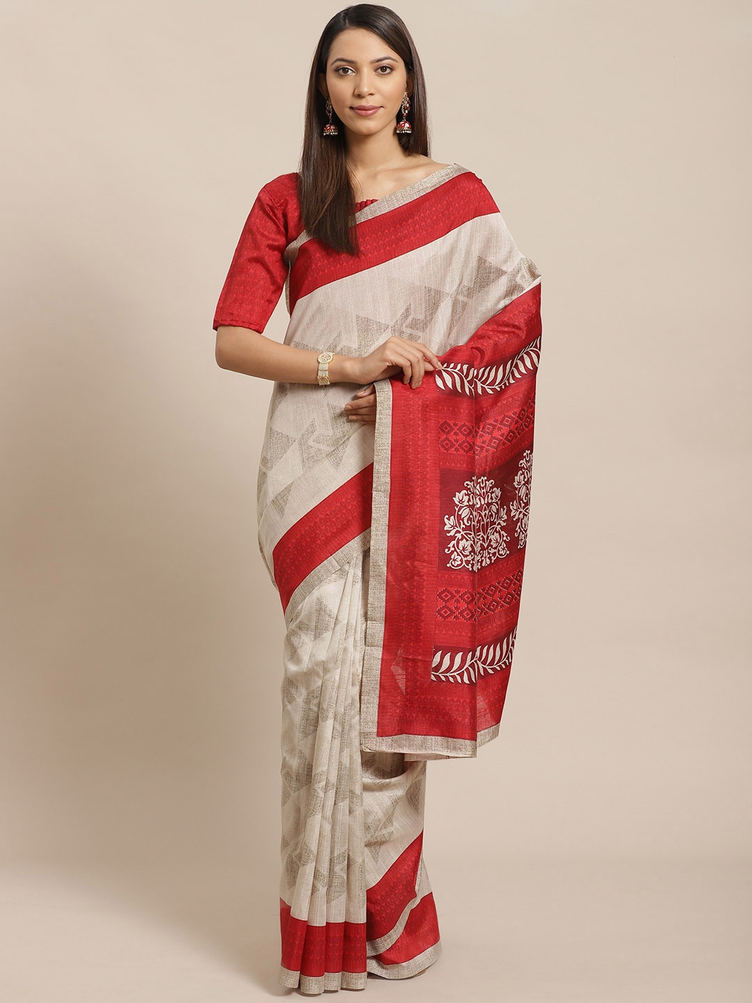 

Saree mall Beige & Red Geometric Printed Bhagalpuri Saree