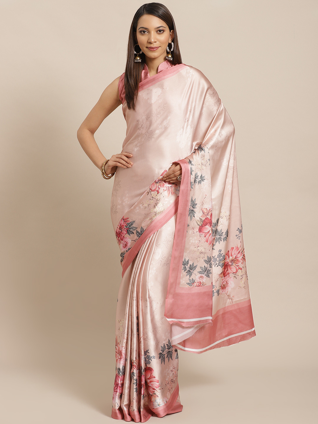 

Saree mall Peach-Coloured & Grey Satin Finish Solid Saree