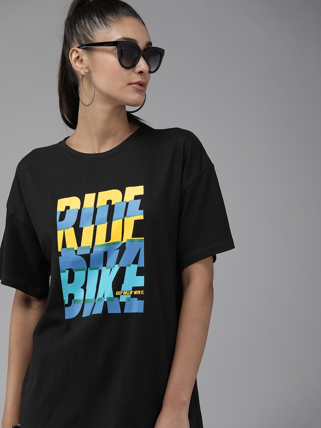 

Roadster Women Black Printed Round Neck Pure Cotton T-shirt