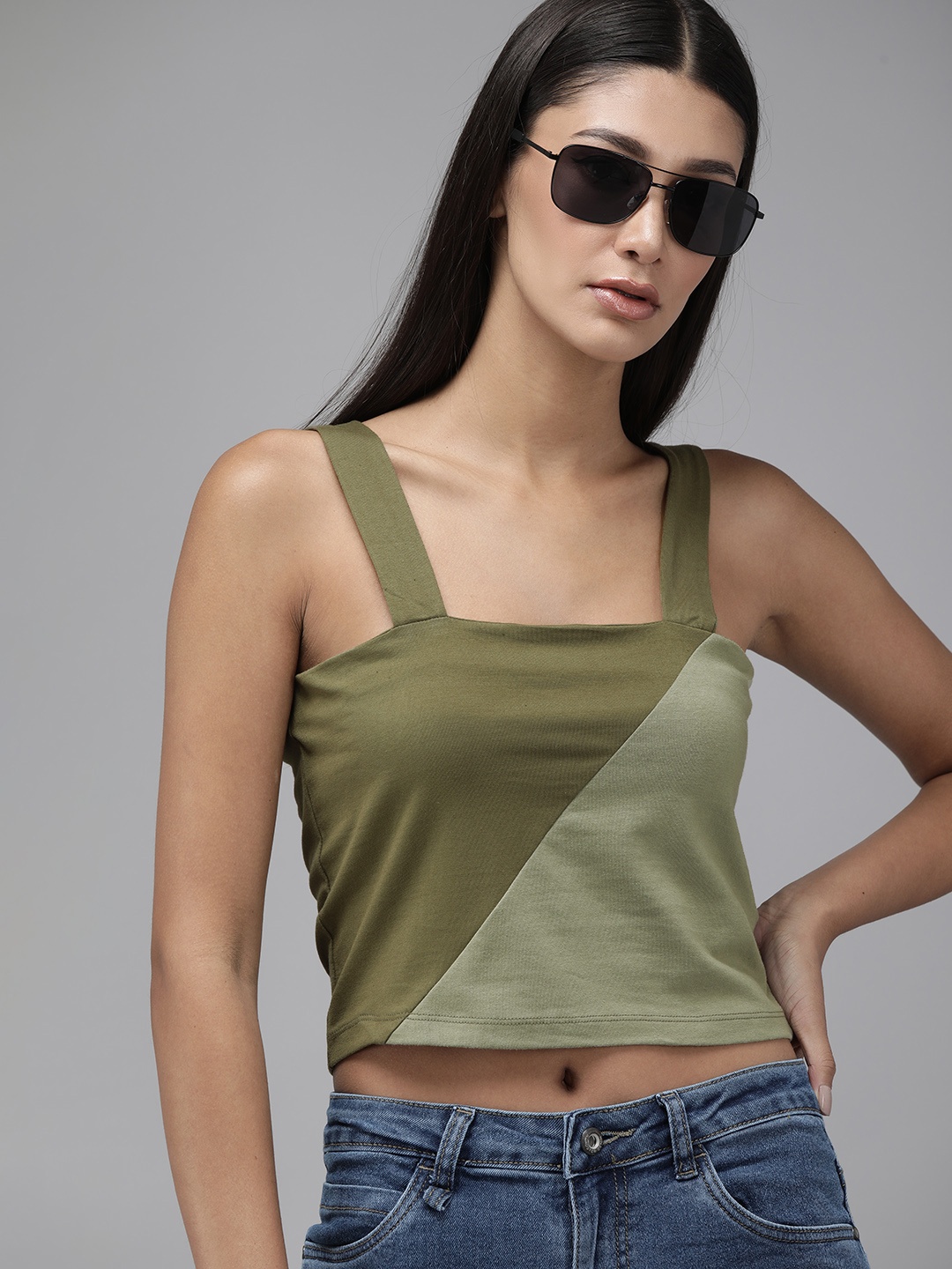 

Roadster Olive Green Colourblocked Regular Crop Top