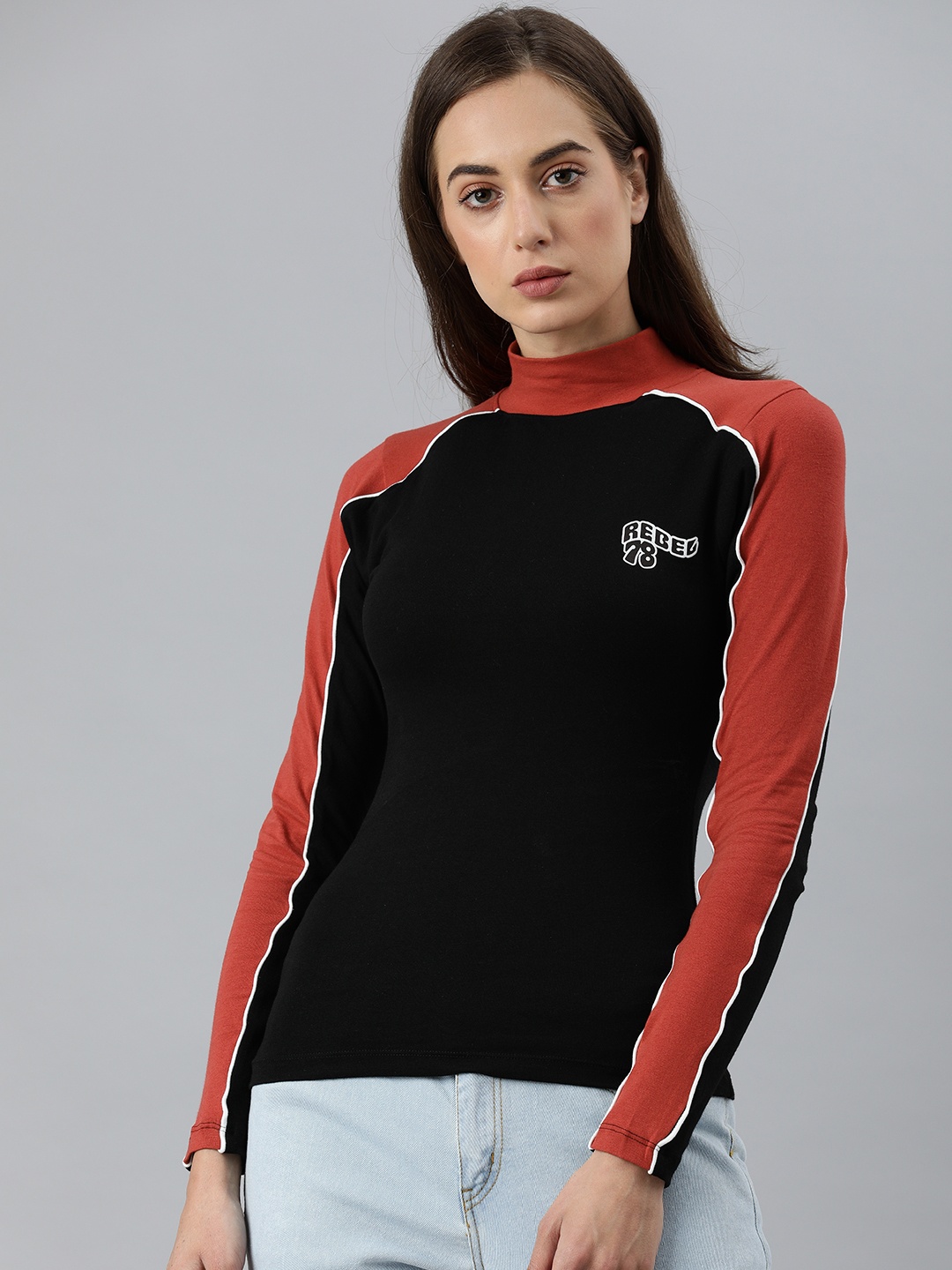 

Roadster Black & Red Colourblocked Regular Top