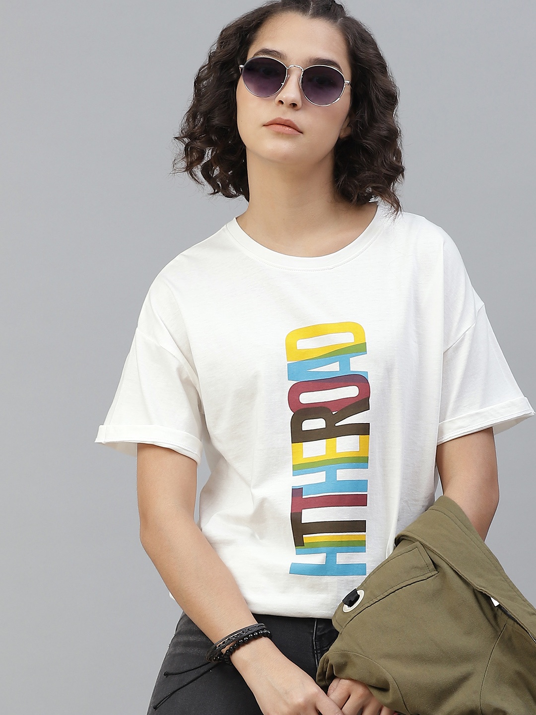 

Roadster Women White Cotton Printed Round Neck Pure Cotton T-shirt