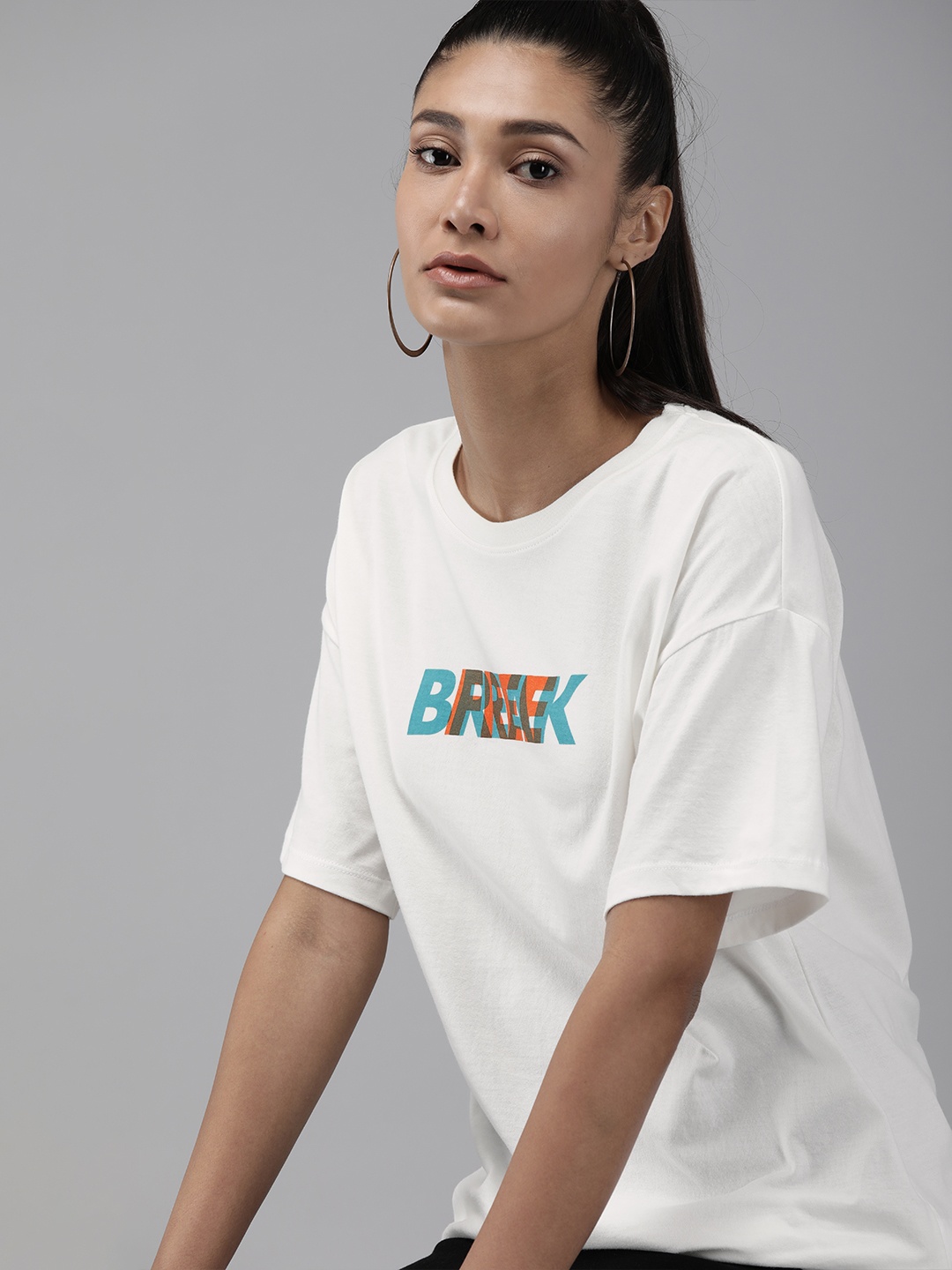 

Roadster Women White Printed Round Neck Pure Cotton T-shirt