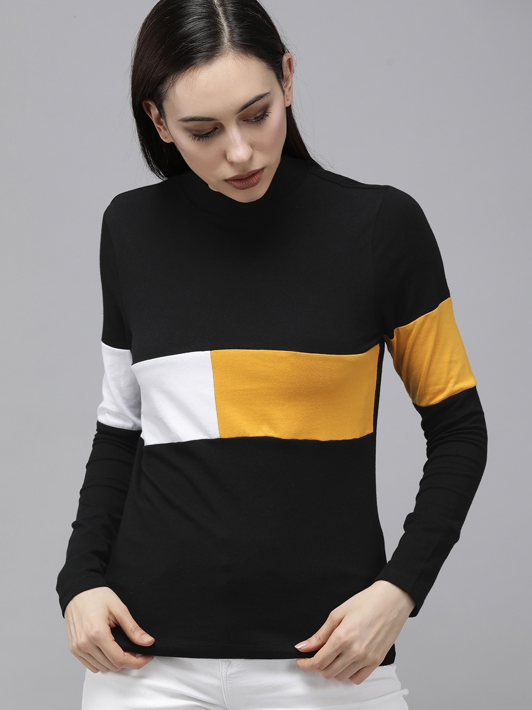 

Roadster Women Black Colourblocked High Neck T-shirt