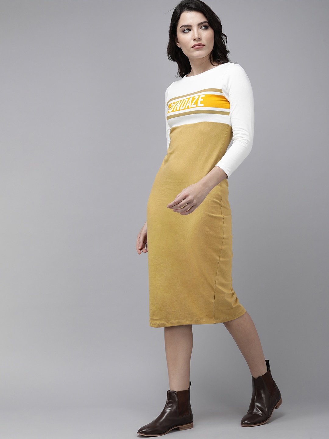 

Roadster Women Mustard Yellow & White Typography Printed Round Neck Sheath Midi Dress