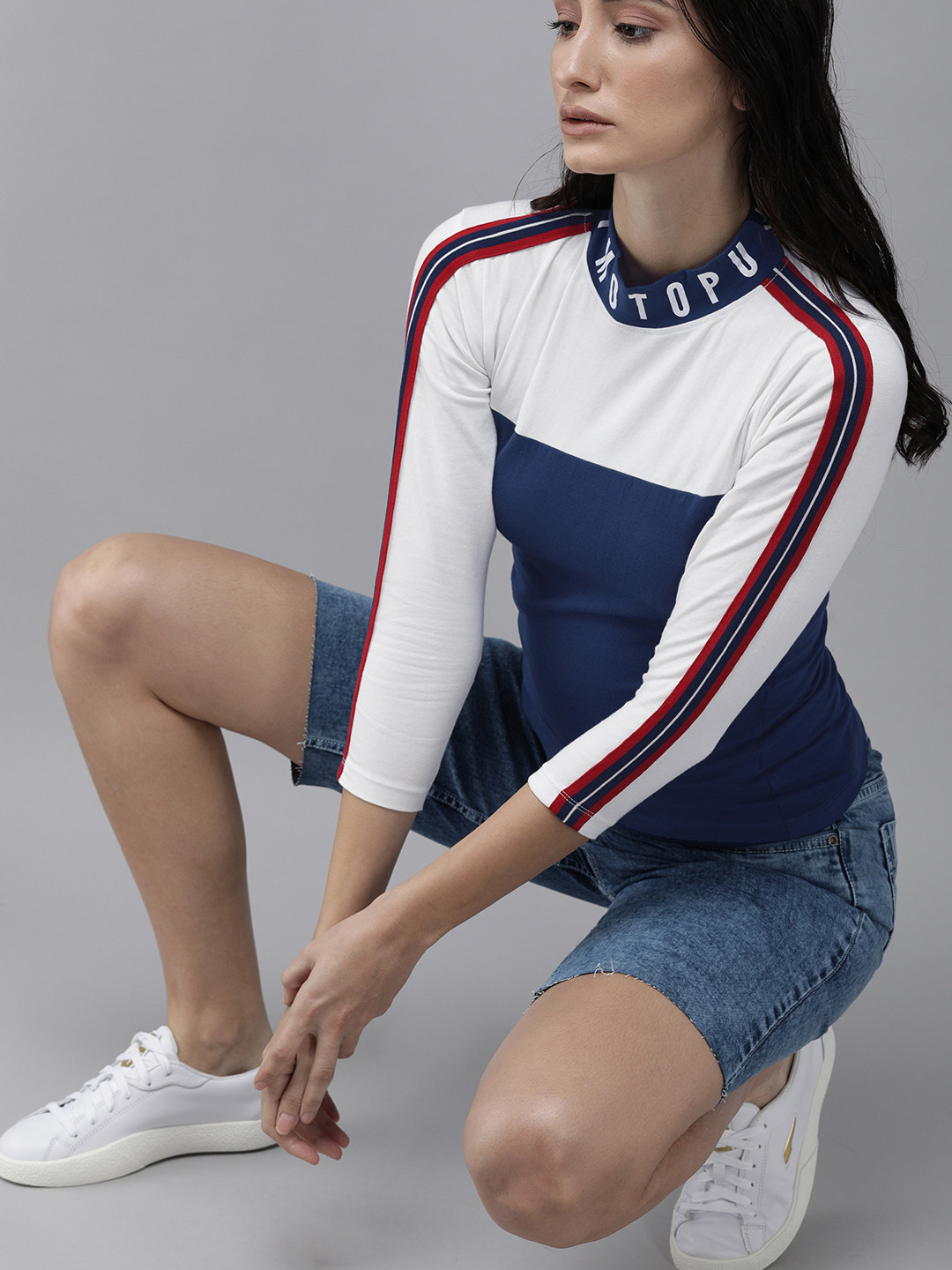 

Roadster Blue & White Colourblocked Regular Top with Taping Detail