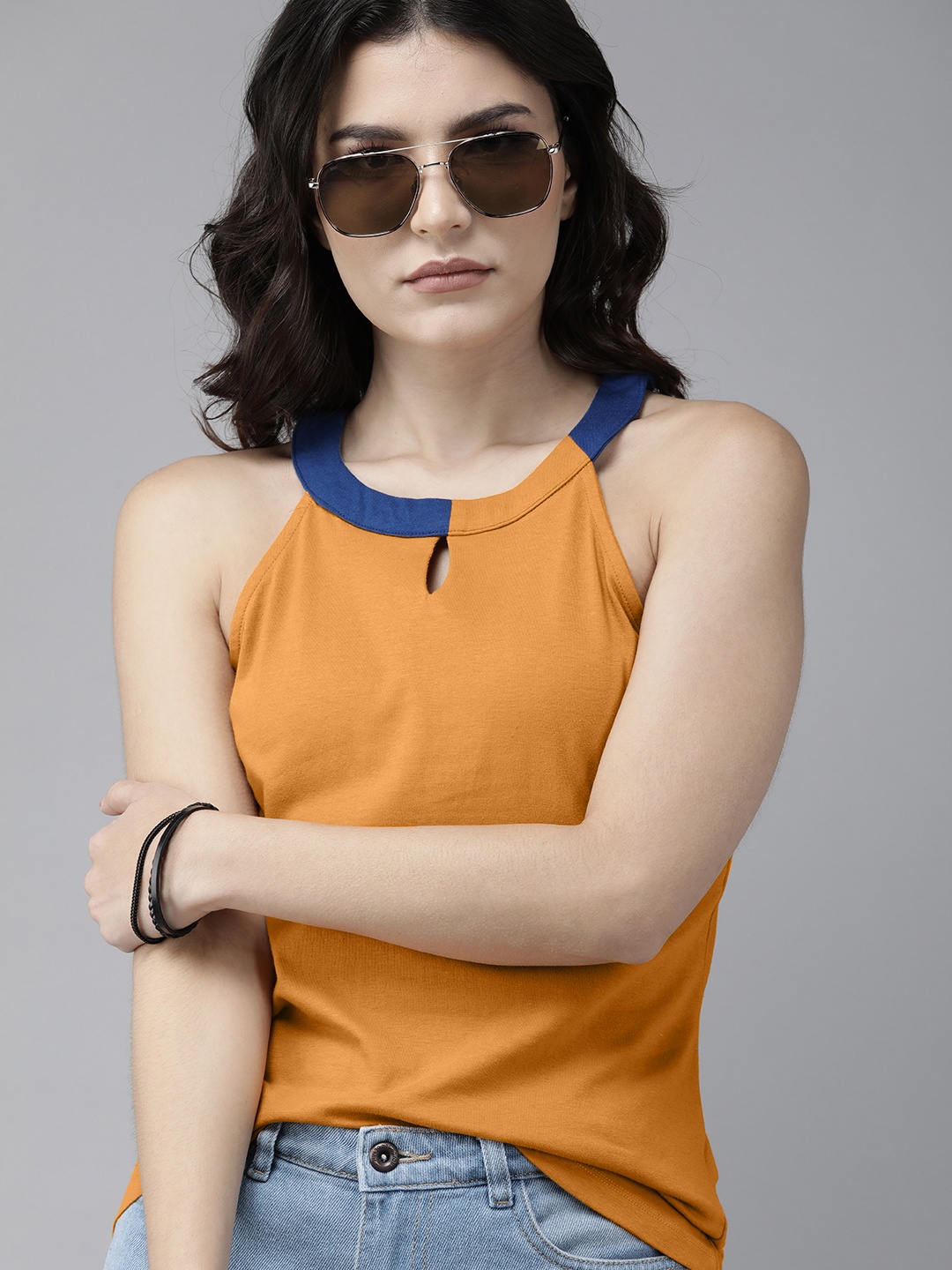 

Roadster Women Mustard Yellow Keyhole Neck Tank Top With Contrast Detail