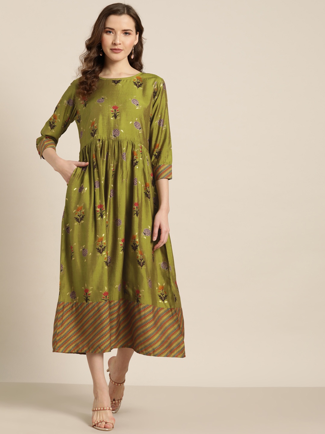 

Sangria Women Green & Orange Ethnic Floral Motif Print A-Line Dress