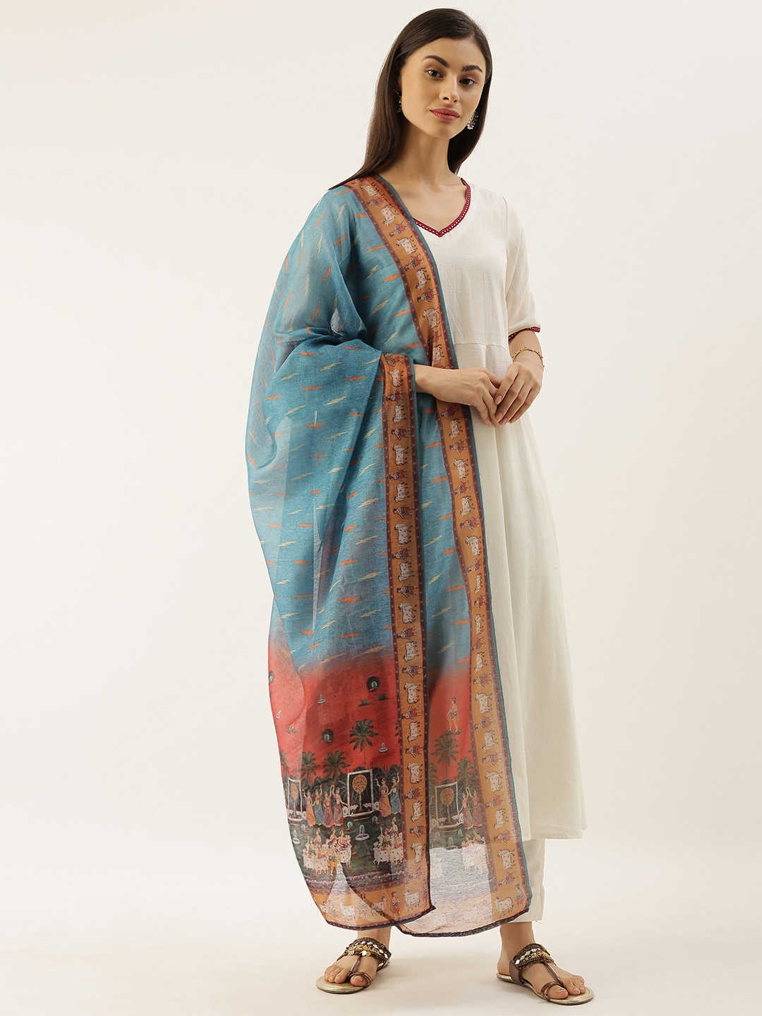 

aamna Blue & Red Kalamkari Printed Dupatta