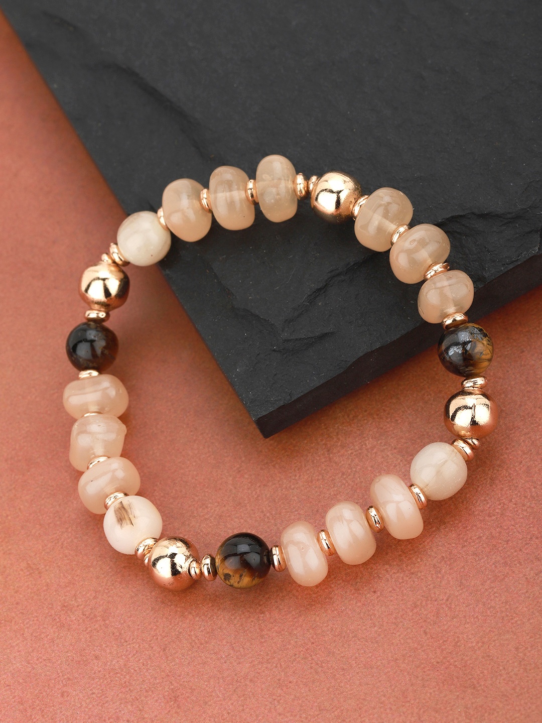 

Carlton London Beige & Gold-Toned Beaded Elasticated Bracelet