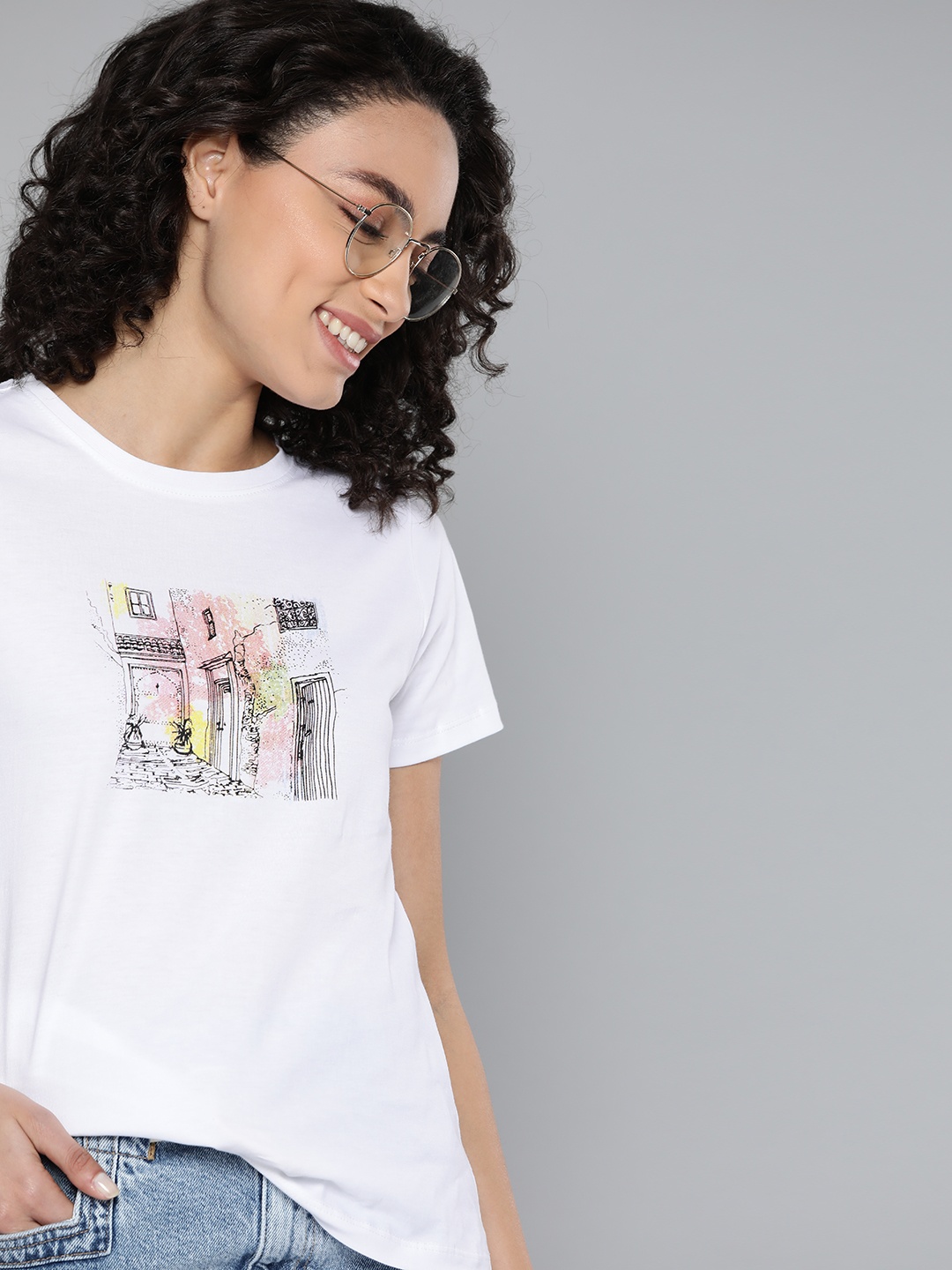 

Mast & Harbour Women White & Pink Pure Cotton Printed T-shirt