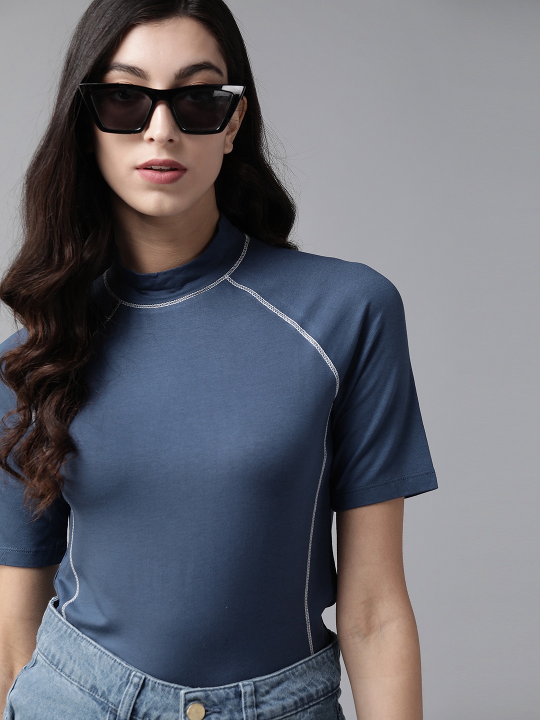 

The Roadster Lifestyle Co Women Navy Blue Anti-Bacterial Solid High Neck T-shirt