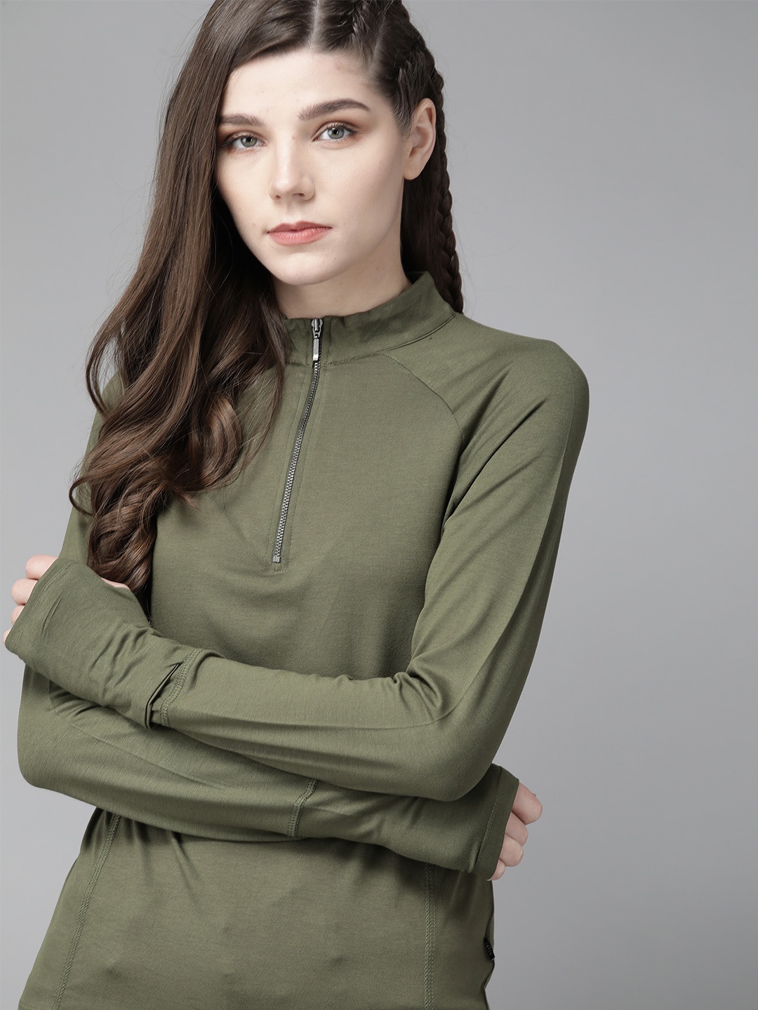 

The Roadster Lifestyle Co Women Olive Green Solid Anti-Bacterial Mock Neck T-shirt