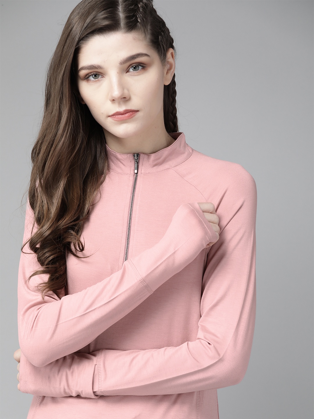 

The Roadster Lifestyle Co Women Pink Solid Anti-Bacterial Mock Neck T-shirt
