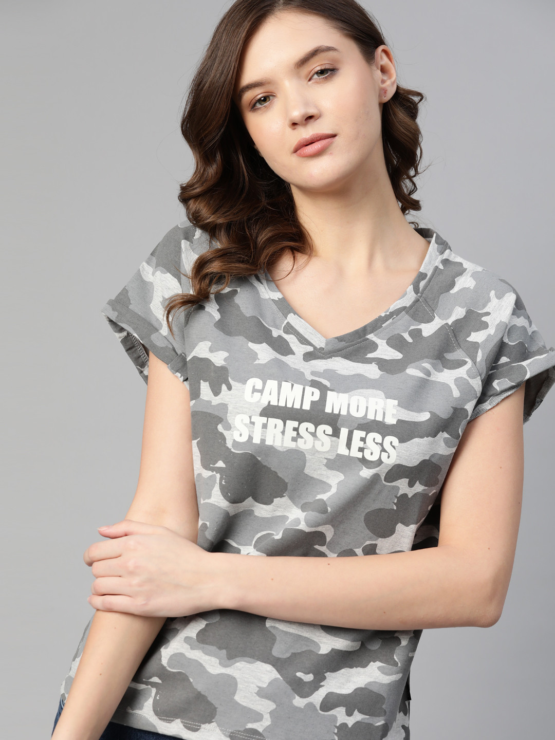 

The Roadster Lifestyle Co Women Grey & White Printed T-shirt with N9 PURE SILVER Antimicrobial Technology