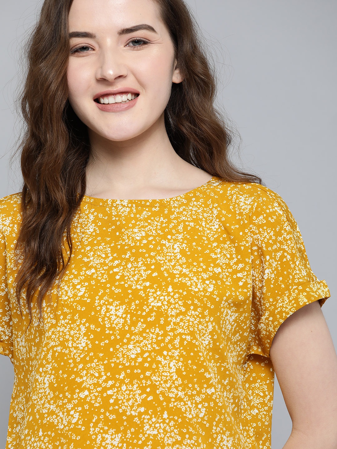 

Mast & Harbour Women Mustard Yellow & White Ditsy Floral Print Top