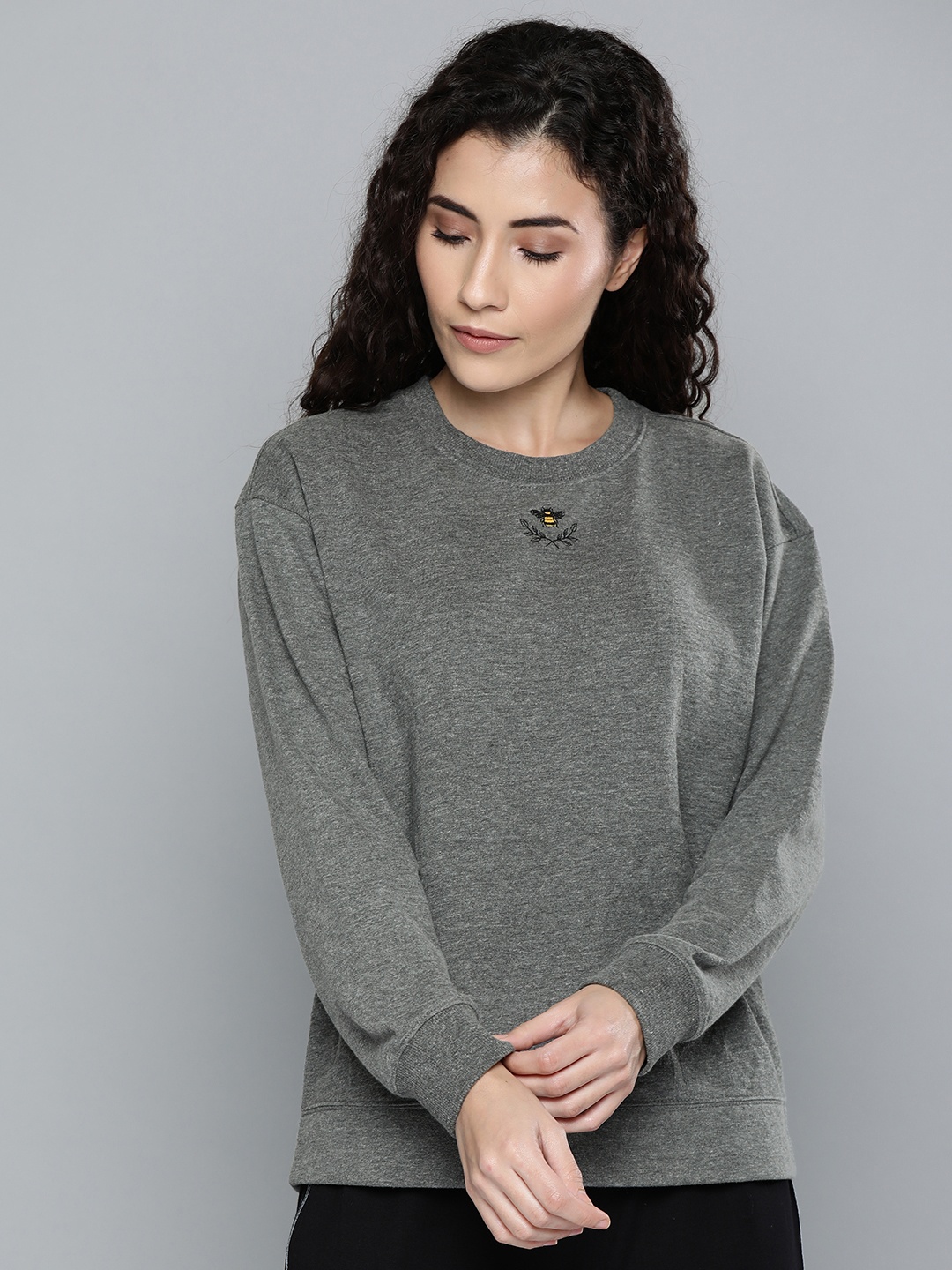 

Chemistry Women Grey Melange Solid Round Neck Lounge Sweatshirt with Embroidery