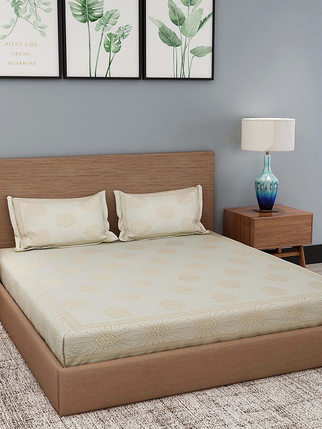

Gulaab Jaipur Gold-Toned & White Floral 260 TC Cotton 1 King Bedsheet with 2 Pillow Covers