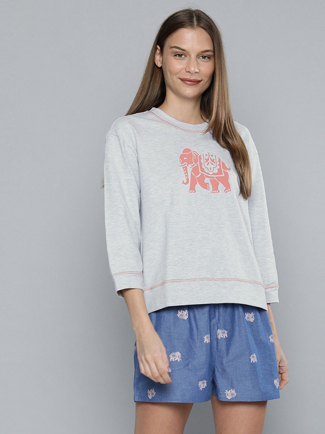 

Chemistry Women Grey Melange & Blue Printed Night suit