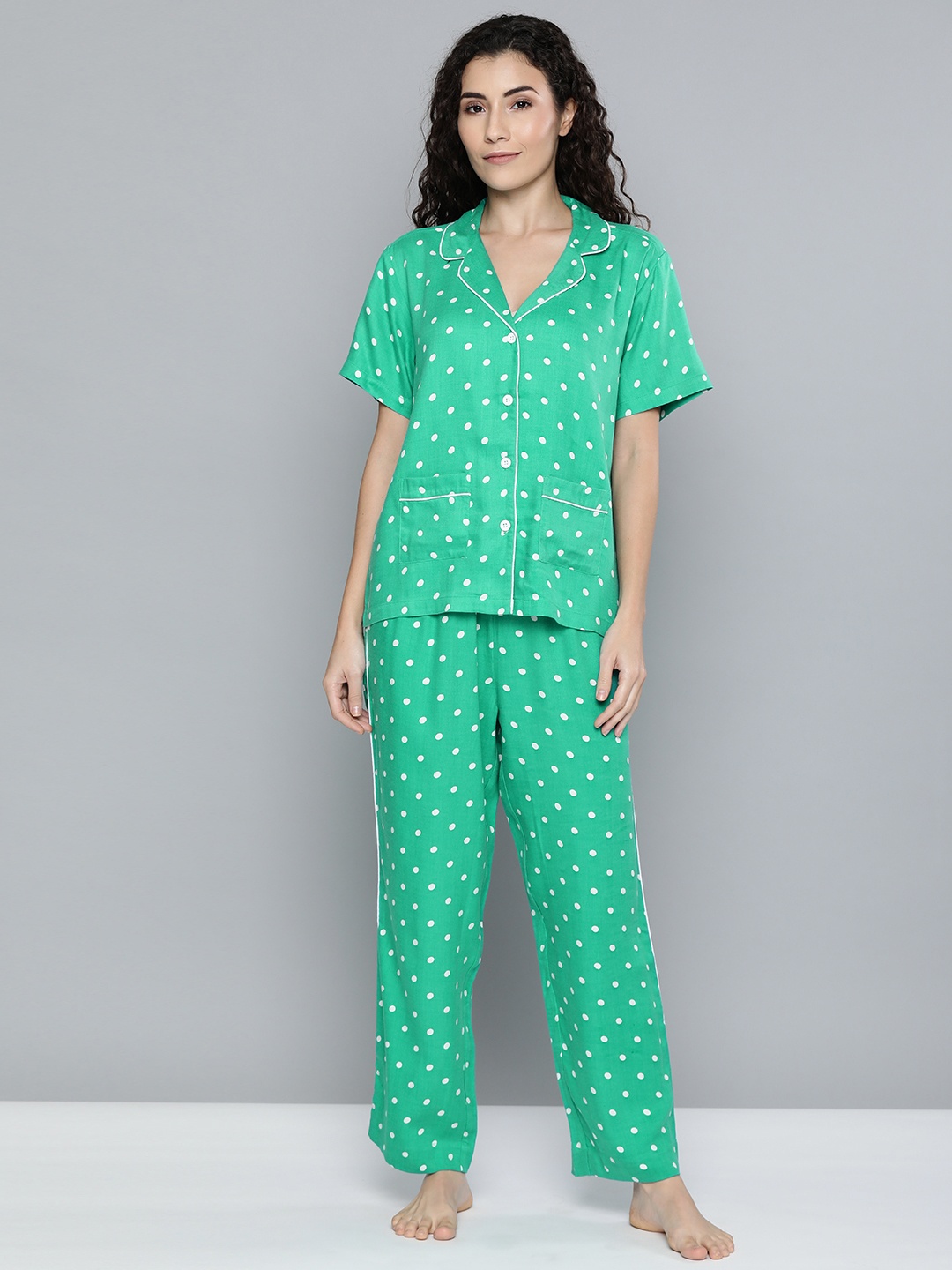 

Chemistry Women Green & White Polka Dot Printed Night Suit