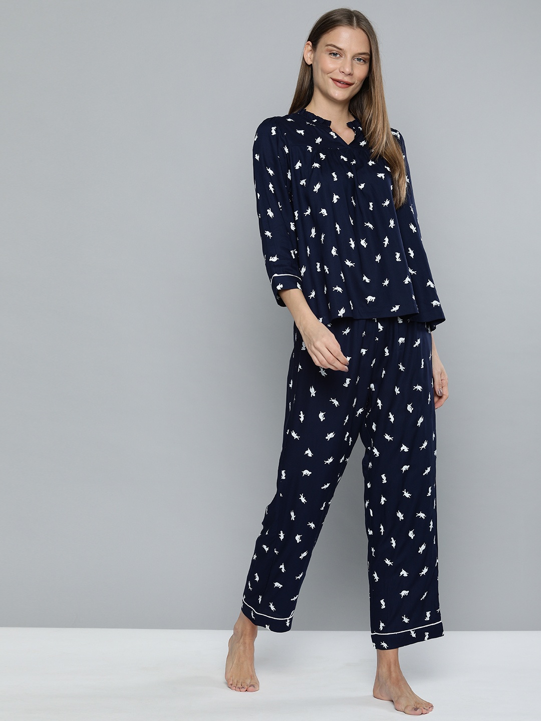 

Chemistry Women Navy Blue & White Conversational Printed Night Suit