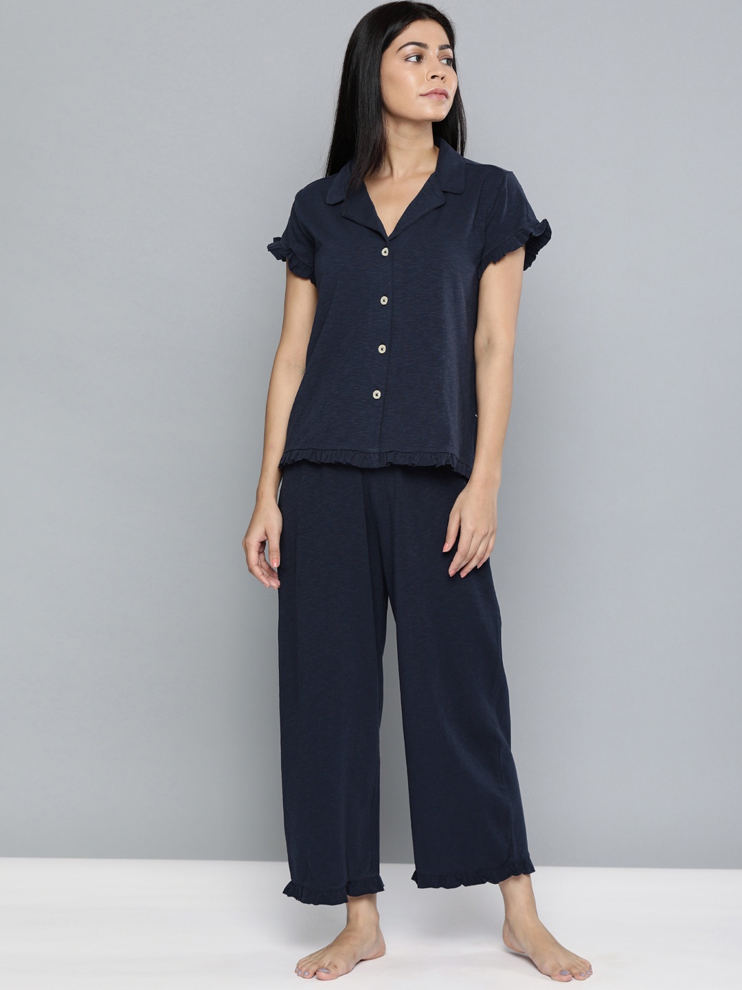 

Chemistry Women Navy Blue Solid Night Suit With Ruffled Detailing