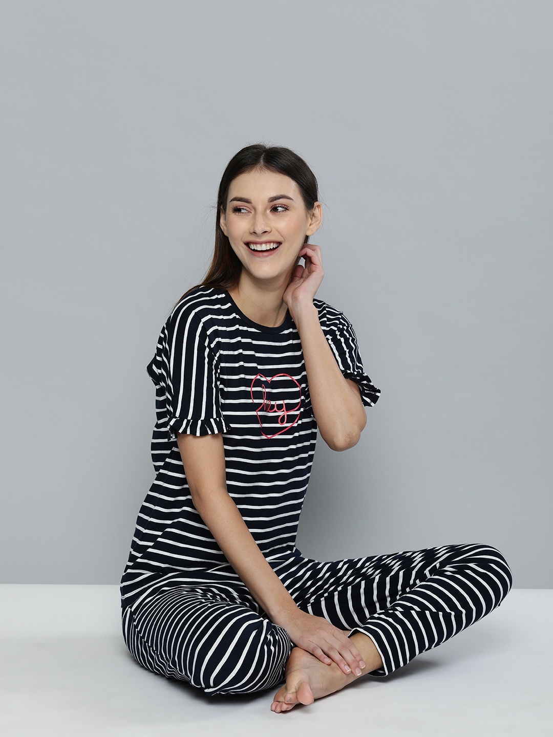 

Chemistry Women Navy Blue & White Striped Night suit