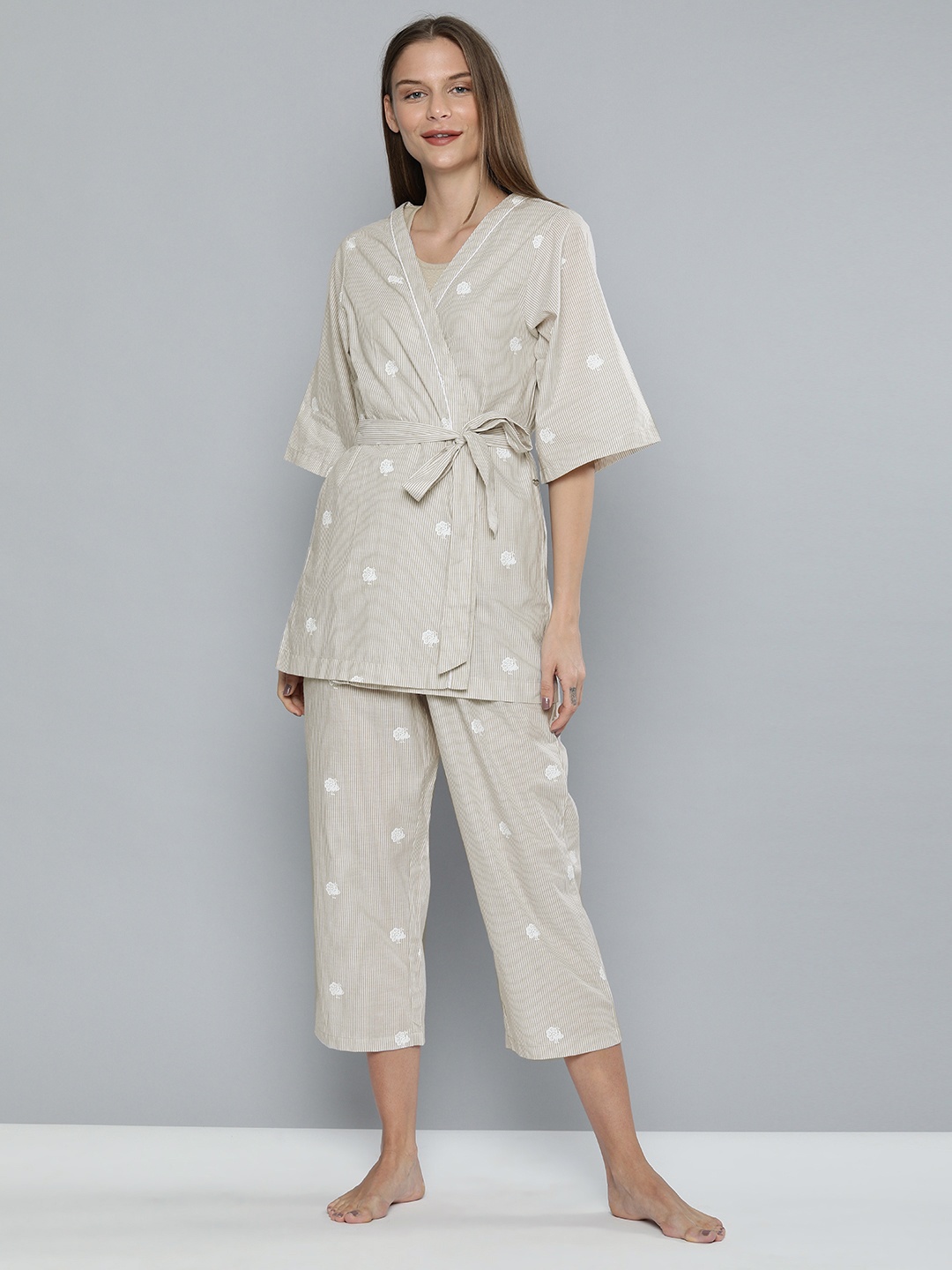 

Chemistry Women Beige & White Printed Night suit with Robe