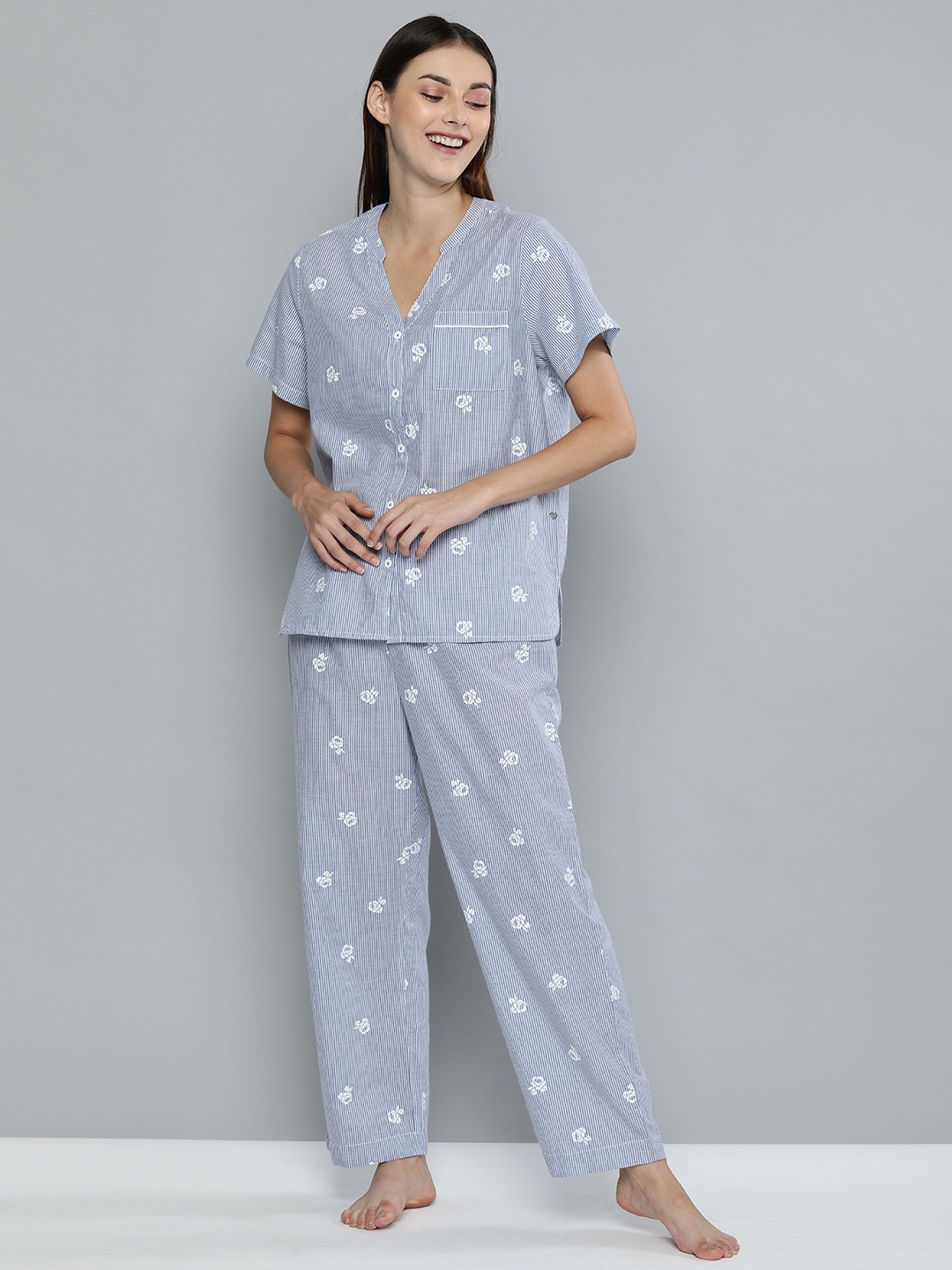 

Chemistry Women Blue & White Striped Night suit