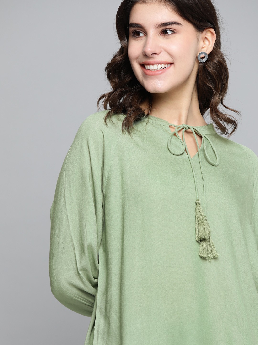 

Mast & Harbour Women Green Solid Top With Tie-Up Neck