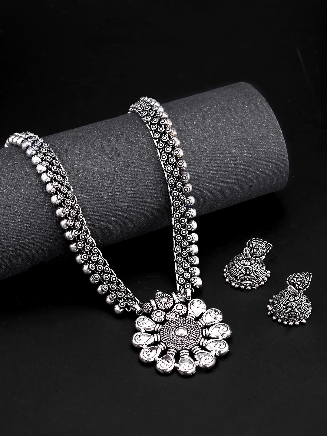 

Yellow Chimes Women Silver-plated Oxidized Long Necklace Set