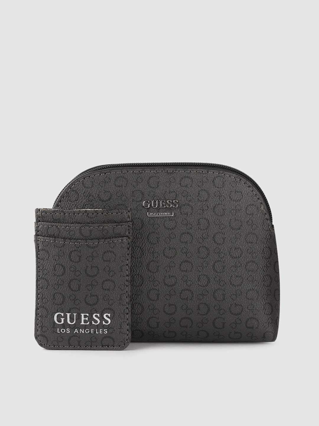 

GUESS Women Charcoal Grey & Black Brand Logo Printed Purse with Card Holder