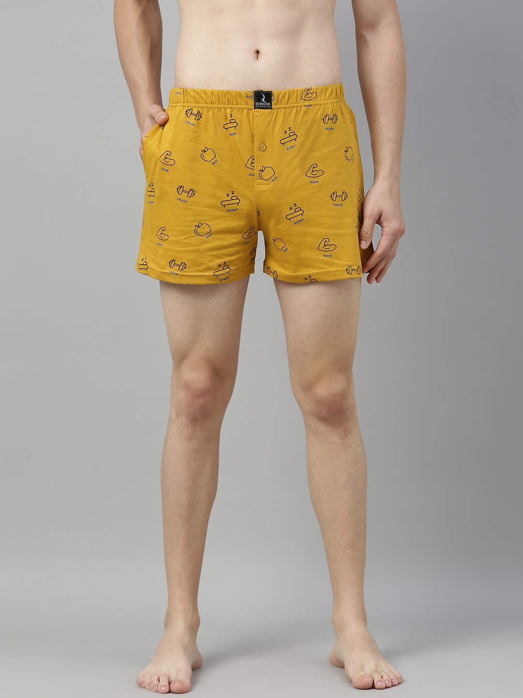 

QUARANTINE Men Mustard Yellow & Black Conversational Print Pure Cotton Solid Boxers